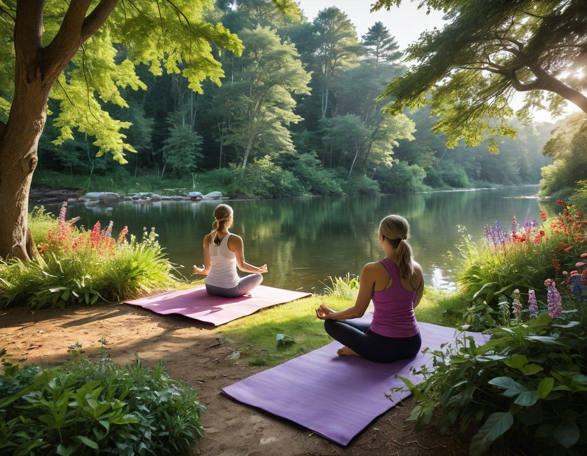 A serene landscape depicting a diverse group of people engaging in various holistic wellness activities, such as yoga, meditation, and herbal therapy, surrounded by lush greenery and soft sunlight. In the foreground, a vibrant display of colorful herbs and flowers symbolizes healing, while gentle waves of a nearby tranquil lake reflect hope. The atmosphere should feel peaceful and uplifting, suggesting balance and innovation in cancer wellness treatments. super-realistic. vibrant colors. tranquil setting.
