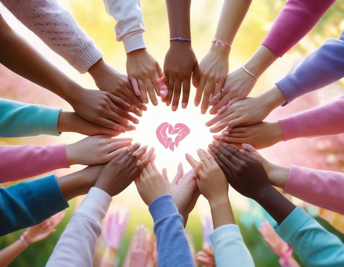 A diverse group of people united in a circle, holding hands, with warm smiles, symbolizing community support in cancer advocacy. In the background, soft pastel colors represent hope and healing, interspersed with essential symbols like ribbons and educational materials. A serene park setting provides a calming atmosphere. super-realistic. vibrant colors. soft lighting.
